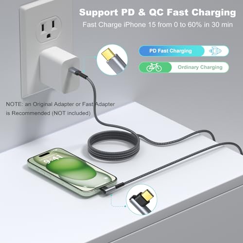 OKRAY USB C Cable 10ft, 60W Fast Charging USBC to USBC 90 Degree Angle Cord - color: Grey