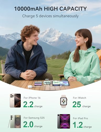 citicr Portable Charger 10000mAh w/Built-in Cables & iWatch Charger Green - color: Green