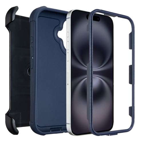 Defender for Phone case iPhone 16 Case with Belt Clip Heavy Duty Black | Military Grade Drop iPhone16 Protective Case, Shockproof Rugged Cover for iPhone 16 Cases Kickstand Blue 6.1 inch - color: Navy Blue