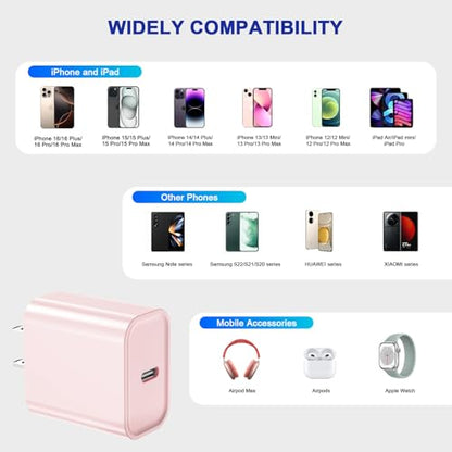3Pack iPhone 17/16/15 Charge Block, USB C Charger,Pink Charger Adapter Plug - color: Pink