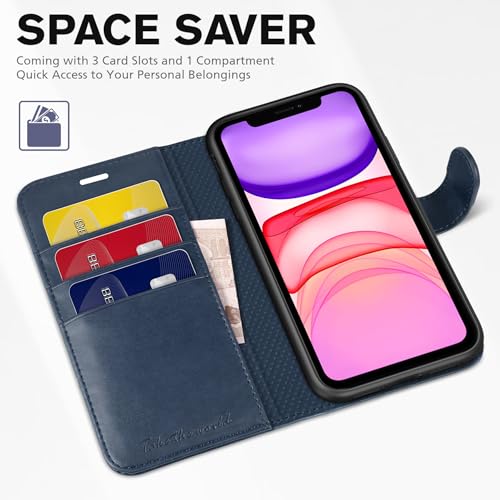 TUCCH Wallet Case for iPhone 11 (6.1") 2019, 3 Card Slots, Dark Blue | RFID Blocking, Viewing Stand, Shockproof TPU Shell, PU Leather, Magnetic Closure, Protective Folio Flip Cover - color: Dark Blue