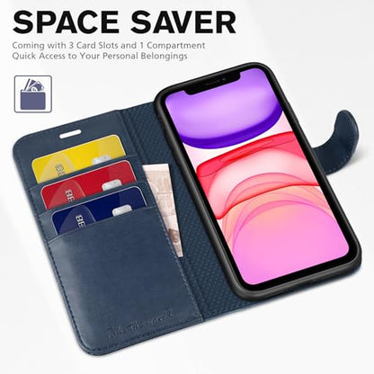 TUCCH Wallet Case for iPhone 11 (6.1") 2019, 3 Card Slots, Dark Blue | RFID Blocking, Viewing Stand, Shockproof TPU Shell, PU Leather, Magnetic Closure, Protective Folio Flip Cover - color: Dark Blue