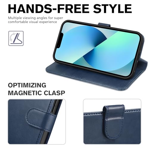 TUCCH Wallet Case for iPhone 13 (6.1") 2021, 3 Card Slots, Dark Blue | RFID Blocking, Viewing Stand, Shockproof TPU Shell, PU Leather, Magnetic Closure, Protective Folio Flip Cover - color: Blue (Dark Blue)
