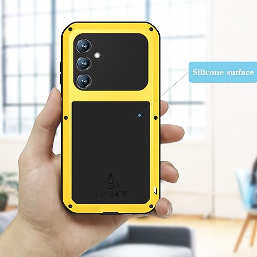 LOVE MEI Military Rugged Case for Samsung Galaxy S23 Fe, with Tempered Glass Screen Protector, Shockproof Dustproof Scratch Proof Hybrid Metal and Silicone Gel Heavy Duty Full Body Cover Yellow - color: Yellow