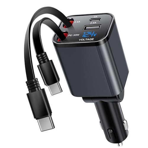 Kwak’s 2026 Retractable Car Charger 4 in1 Fast Charging Adapter Dual Cables - size: Double Type-C