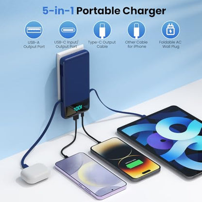 Portable Charger for iPhone with Built in Cables and Wall Plug,Upgraded 13800mAh Fast Charging USB C Power Bank,4 Outputs Travel Essential Battery Pack Compatible with iPhone 17/16/15/14,Galaxy-Blue - color: Dark Blue