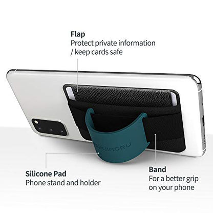 Sinjimoru Phone Grip Card Holder with Phone Stand, Silicone Teal | Sinji Pouch B-Grip, stick on wallet, finger grip strap, kickstand phone stand, flap card protection, universal fit - color: Teal