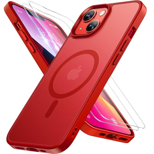 Miracase Magnetic for iPhone 13 Case 6.1 inch (Compatible with MagSafe)（with 2X Screen Protectors） Military-Grade Protection, Anti-Fingerprint Translucent Matte Phone Case Cover, Red - color: Red, size: iPhone 13