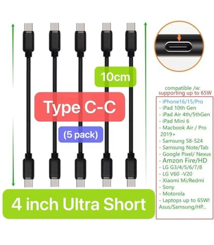 4-inch USB C-C Cables, 5 Pack, for iPhone17/16/15/iPad 10th Gen/iPad mini 6th, iPadAir 4th/5th, Galaxy S26/S25/S24/S23/S22/S21/S20/S10/S9/S8, Tablets, etc. (Black, 4-inch) - color: Black