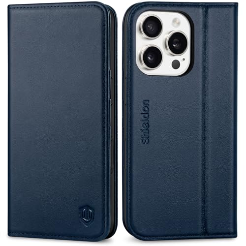 SHIELDON Genuine Leather Flip Case Wallet for iPhone 16 Pro 6.3", Navy Blue | Magnetic Closure, RFID Blocking, Credit Card Slot, Viewing Stand, Foldable Design, Shockproof TPU Phone Cover - color: Navy Blue