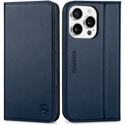 SHIELDON Genuine Leather Flip Case Wallet for iPhone 16 Pro 6.3", Navy Blue | Magnetic Closure, RFID Blocking, Credit Card Slot, Viewing Stand, Foldable Design, Shockproof TPU Phone Cover - color: Navy Blue