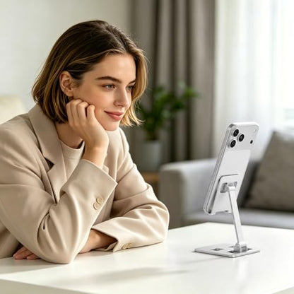 Foldable Adjustable Phone Stand, Hands-Free Desktop Holder for Video Calls Streaming Gaming, Portable Anti-Slip Cradle Universal for Smartphones