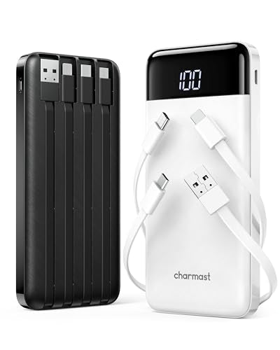 charmast 2 Pack Portable Charger, 10000mAh Power Bank Built-in Cables - color: Black+White
