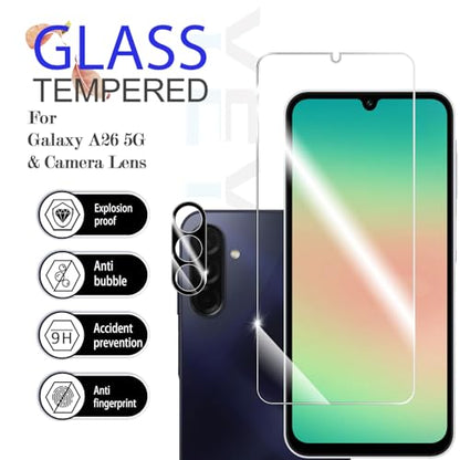 Galaxy A26 HD Clear Tempered Glass Screen Protector + Camera Lens Protectors, [2+2 Pack] [3D Glass] [Anti-Glare] [Bubble-Free] Screen Protector Glass For Samsung Galaxy A26 - size: Galaxy A26