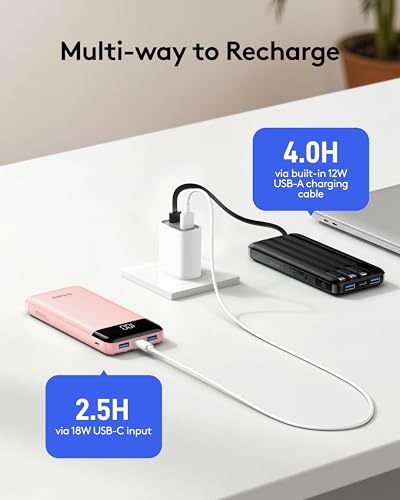 Orfeika Fast Charging Portable Charger Power Bank with Built-in 4 Cables | 10000mAh|Ultra-Slim&Light|Flight-Safe|Power 6 Devices at Once|22.5W|Battery Pack For iPhone,Samsung,Google|Travel Essentials - color: LightPink