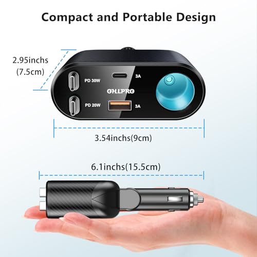 OHLPRO Retractable Car Charger Cigarette Lighter Adapter, 168W 5 in 1 Fast Phone Charging Built-in Replaceable Fuse, Socket Splitter with USB C and USB C Cord, Fit for Phone iPad Galaxy GPS, Grey - size: USB-C+USB-C