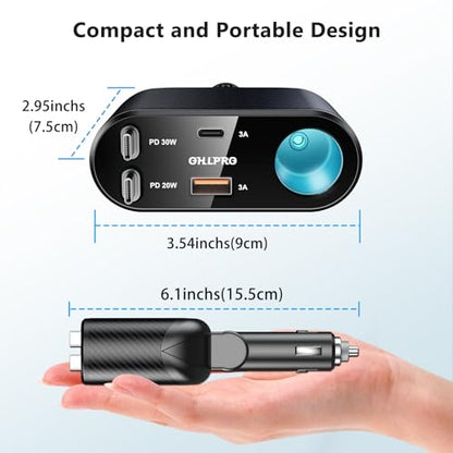OHLPRO Retractable Car Charger Cigarette Lighter Adapter, 168W 5 in 1 Fast Phone Charging Built-in Replaceable Fuse, Socket Splitter with USB C and USB C Cord, Fit for Phone iPad Galaxy GPS, Grey - size: USB-C+USB-C