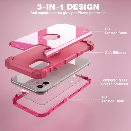 IDweel for iPhone 11 Case with Screen Protector(Tempered Glass), Hybrid 3 in 1 Shockproof Slim Fit Heavy Duty Protection Hard PC Cover Soft Silicone Bumper Full Body Case,Glitter Rose Red - color: Glitter Rose Red