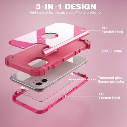 IDweel for iPhone 11 Case with Screen Protector(Tempered Glass), Hybrid 3 in 1 Shockproof Slim Fit Heavy Duty Protection Hard PC Cover Soft Silicone Bumper Full Body Case,Glitter Rose Red - color: Glitter Rose Red