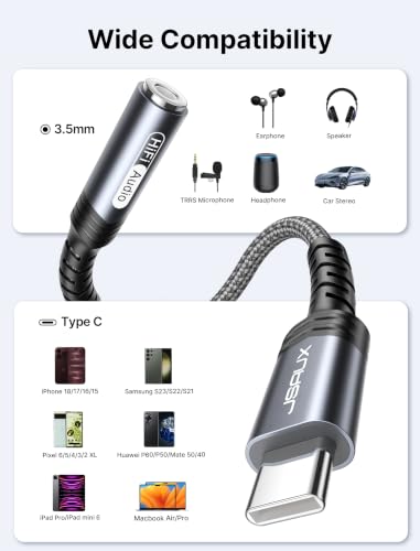 JSAUX USB C to 3.5mm AUX Audio Adapter for iPhone 18 Pro Max, iPhone Duo - color: Grey, size: 1 x 0.6ft