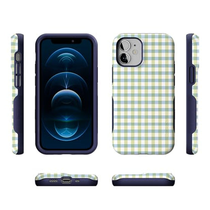 Casely iPhone 12 Mini Case | Pastel Picnic | Blue & Green Gingham | Bold Protective Design | Compatible with MagSafe - color: Pastel Picnic | Blue & Green Gingham, size: Iphone 12 Mini