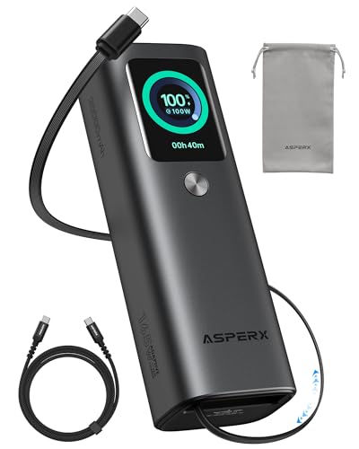 AsperX Laptop Power Bank, 165W 20,000mAh Retractable Cable Aluminum Unibody - color: Grey