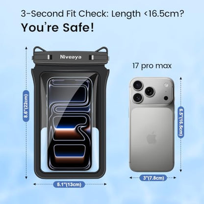 Niveaya Double Space Waterproof Phone Pouch - 2 Pack, Waterproof Phone Lanyard Case with iPhone 17/16/15/14/13 Pro Max up to 8.3", Phone Dry Bags for Vacation Beach Pool Kayak Cruise Travel Essentials - color: Black+ Teal, size: Medium 8.3"