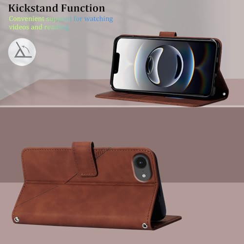 Flip Wallet Case for iPhone 17e/16e, Wrist Strap, Brown | Embossed PU Leather, Detachable Wrist Strap, Card Slots, TPU Inner, Cash Pocket, Magnetic Closure, Stand, Precise Cutouts - color: Brown