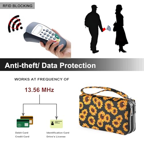RFID Wallet for Women with Cellphone Pocket - Double Zipper Wristlet Purse Large Capacity, 17 Card Slots, Coin Pocket, Sunflower Print - color: Sunflower
