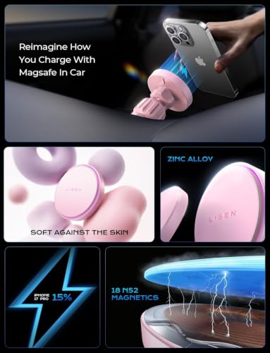 LISEN 15W MagSafe Car Mount Charger Phone 18,[Light Pink] Magnetic Wireless Car Charger, Dashboard & Air Vent Car Phone Holder Mount for iPhone 17-12, Samsung, Pixel, Cute Car Accessories for Women - color: Light Pink