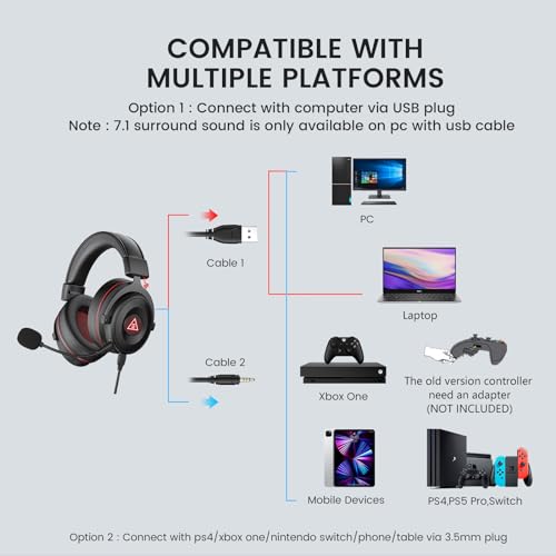 EKSA E900 Pro USB Gaming Headset for PC, 7.1 Surround Sound, 50MM Driver - color: Wired Black-Red