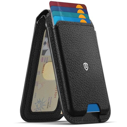 SHIELDON Genuine Leather Magnetic Wallet Stand for MagSafe, Pebbled Black | Strong Magnetic, 6 Card Holders, Kickstand, Rfid Blocking, Quick-access, ID Window, for iPhone 17/16/15/14/13/12 Series - color: Pebbled Black