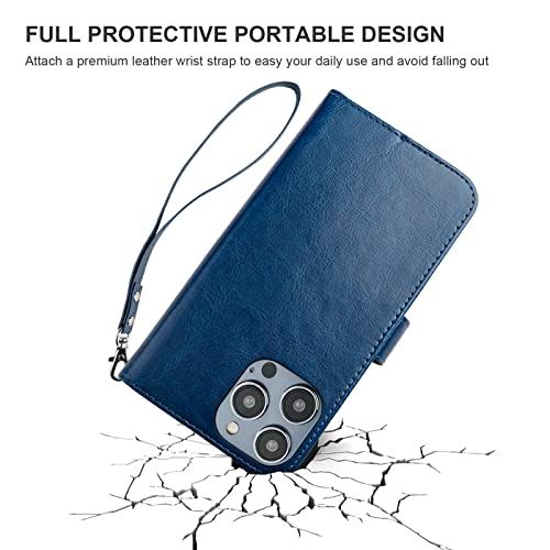 Bocasal Detachable Wallet Case Card Holder for iPhone 14 Pro Max Blue | RFID Blocking Kickstand Card Slots Holder PU Leather Magnetic Shockproof Wrist Strap Removable Flip Protective Cover 6.7 inch - color: Blue
