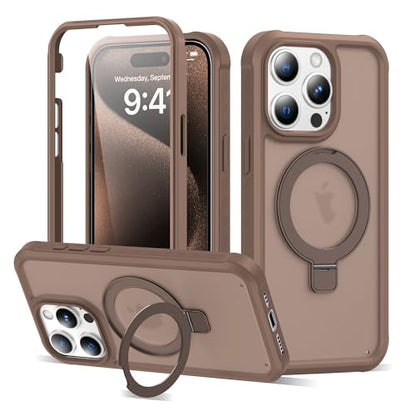 Compatible with iPhone 15 Pro Max Case with Magnetic Ring Stand [Compatible with Mag-Safe] [Built-in Screen Protector] Military-Grade Drop Protection Translucent Phone Case, Desert Brown - color: Desert Brown, size: Iphone 15 Pro Max