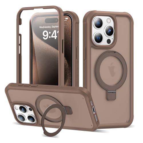 Compatible with iPhone 15 Pro Case with Magnetic Ring Stand [Compatible with Mag-Safe] [Built-in Screen Protector] Military-Grade Drop Protection Matte Translucent Phone Case, Desert Brown - color: Desert Brown, size: Iphone 15 Pro