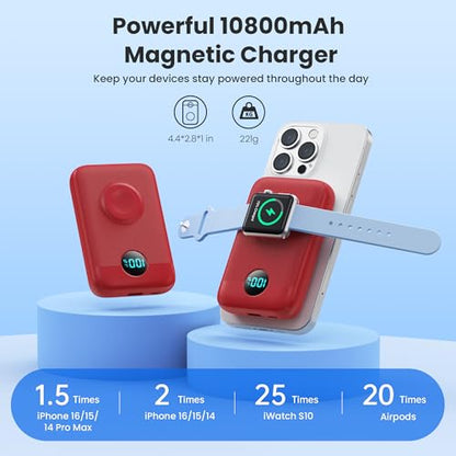 Magnetic Portable Charger for iPhone,10800mAh 4-in-1 Power Bank with iWatch Charger,25W PD Fast Charging Battery Pack for Magsafe,iPhone 17/16/15/14/13/12 Series,Apple Watch,Travel Essential,Red - color: Red
