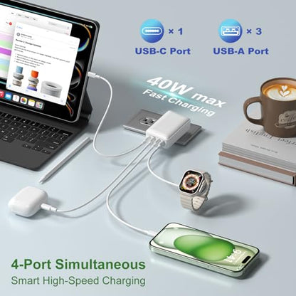 Flat USB C Charger, OKRAY 40W 4-Port Fast Charging Block Foldable Wall Plug - color: White - 3Pack