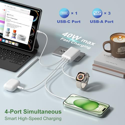 Flat USB C Charger Block, OKRAY 40W 4-Port Fast Charging Foldable Wall Plug - color: White - 1Pack