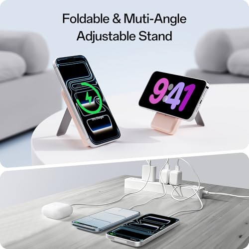 iWALK Qi2 Certified 15W Magnetic Wireless Power Bank, 10000mAh Fast Charging Portable Charger with Adjustable Stand and LED Display, Compatible with iPhone 18/17/16/15/14/13/12 - color: Pink