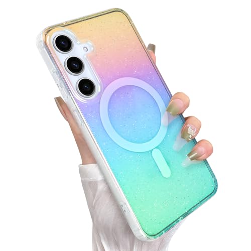 Glitter Case for Samsung Galaxy S25 Case, Iridescent Colors | Compatible with Magsafe, Cute Aesthetic Gradient Girly Sparkly Bling Rainbow Magnetic Phone Cover for Women Girls - color: Iridescent Glitter, size: Samsung Galaxy S25