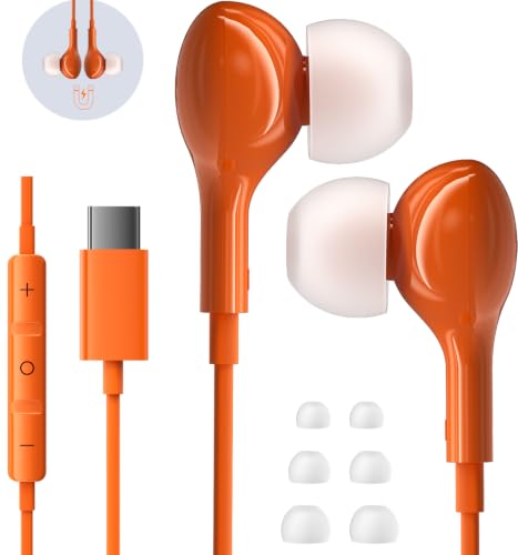 Wired Earbuds USB C for iPhone 17 Pro Max 15 16 iPad Air Pro 11/13 Orange - color: Orange