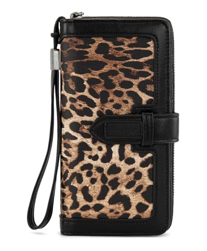 X Wrangler Women's Wallets Bifold Wristlet Wallets for Women Large Capacity Credit Card Wallet with ID Window - color: Leopard Black