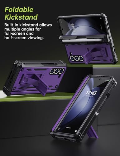 KJSK for Samsung Galaxy Z Fold 5 Case,with S Pen Holder+Belt Clip Holster+Built-in Kickstand+Hinge Protection,Heavy Duty Military Grade Drop Proof Case for Galaxy Z Fold 5(Purple) - color: Purple