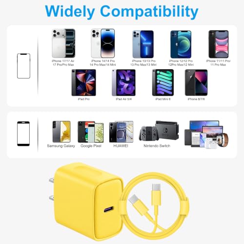 iPhone 17 16 15 Charger Fast Charging 6FT - 20W USB C Charger Block - color: Yellow, size: 6FT