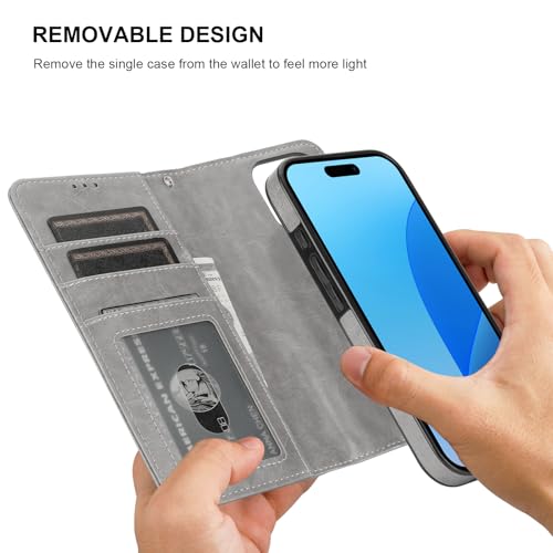 Bocasal Detachable Wallet Case Card Holder for iPhone 16 Pro, Grey | RFID Blocking Kickstand Card Slots Holder PU Leather Magnetic Shockproof Wrist Strap Removable Flip Protective Cover 6.3 inch - color: Gray