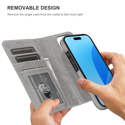 Bocasal Detachable Wallet Case Card Holder for iPhone 16 Pro, Grey | RFID Blocking Kickstand Card Slots Holder PU Leather Magnetic Shockproof Wrist Strap Removable Flip Protective Cover 6.3 inch - color: Gray