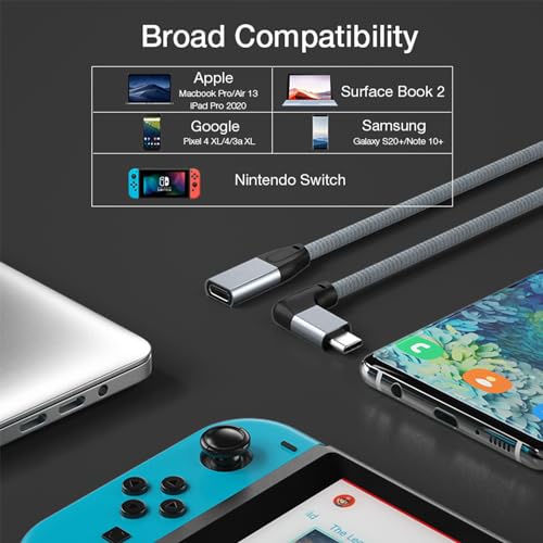 Right Angle USB C Extension Cable 0.6FT 2Pack, USB-C 3.2 Male to Female - color: GRAY, size: 0.6FT(2PACK)