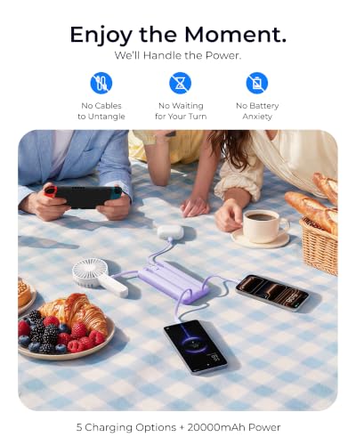 VRURC Portable Charger 4-Built-in-Cable Fast Charging 20000mAh Power Bank - color: Purple