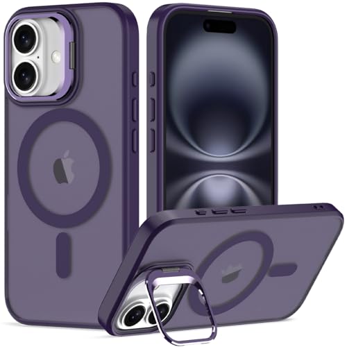 Nvollnoe for iPhone 16 Case Compatible with MagSafe Military Grade Shockproof Heavy Duty Protective Adjustable Kickstand Matte Semi Clear Phone Case for iPhone 16(Deep Purple) - color: Deep Purple, size: for iphone 16-6.1"(2 lens)
