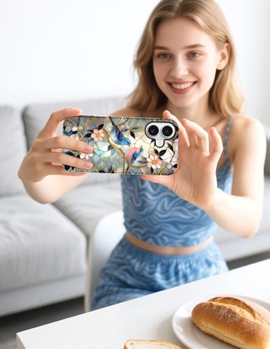 Jusy Magnetic Stained Glass Floral Case for iPhone 16e/17e, Bird | Compatible with MagSafe, Cute Aesthetic Flower Design, TPU and PC Protective Phone Cover - color: Bird
